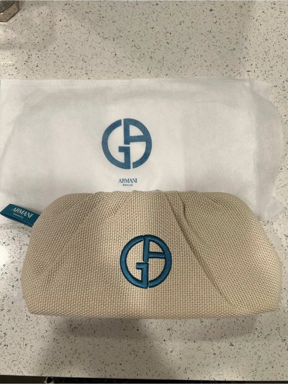 Giorgio Armani Beige Canvas Cosmetic Pouch with Blue Logo